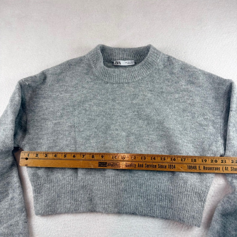 Zara Womens Large Heather Gray Cropped Knit Sweater Crew Neck Long Sleeve Ribbed - Picture 2 of 6